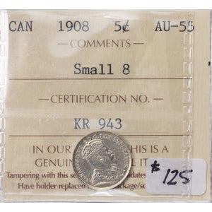 SOLD Canada 1908 Small 8 5 Cents Silver Coin - ICCS AU-55