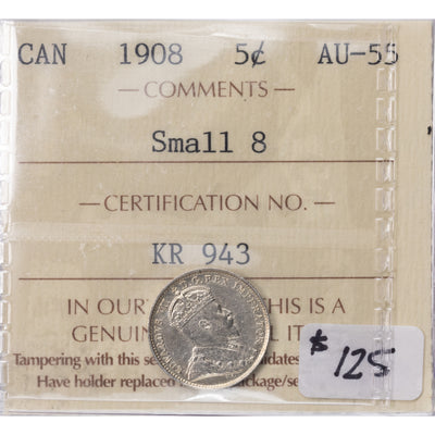 SOLD Canada 1908 Small 8 5 Cents Silver Coin - ICCS AU-55