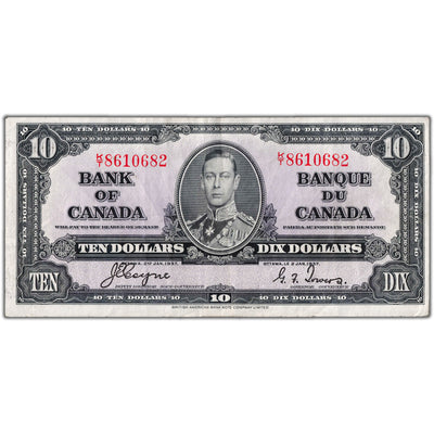 $10 1937 Bank of Canada Note Coyne-Towers K/T Prefix BC-24c - About EF