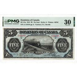 SOLD $5 1912 Dominion of Canada Note No Seal Series A DC-21a - PMG VF-30