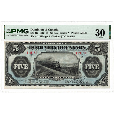 $5 1912 Dominion of Canada Note No Seal Series A DC-21a - PMG VF-30