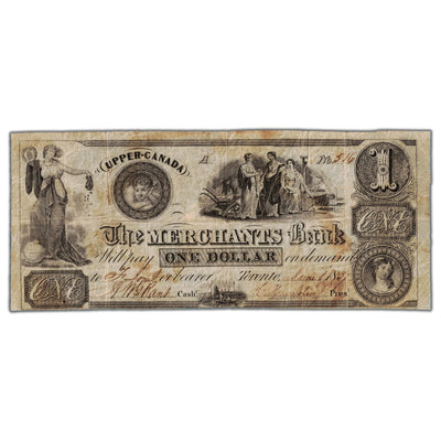 SOLD $1 1837 The Merchants Bank Upper Canada Note - Stained