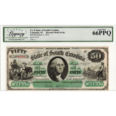 United States 1872 $50 State of South Carolina Revenue Bond Scrip Note - Legacy Gem UNC-66 PPQ
