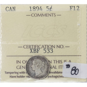 SOLD Canada 1894 5 Cents Silver Coin - ICCS F-12
