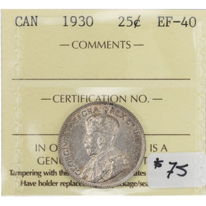 SOLD Canada 1930 25 Cents Quarter Silver Coin - ICCS EF-40