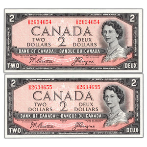 SOLD $2 1954 Bank of Canada Notes Beattie-Coyne O/B Prefix BC-38a - 2 Consecutive AU
