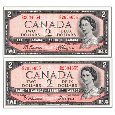 SOLD $2 1954 Bank of Canada Notes Beattie-Coyne O/B Prefix BC-38a - 2 Consecutive AU