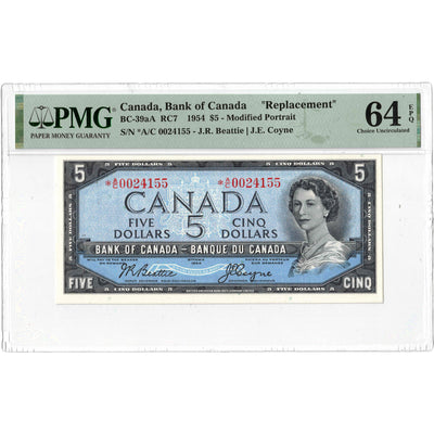 SOLD $5 1954 Bank of Canada Note *A/C Replacement Prefix BC-39aA - PMG UNC 64 EPQ
