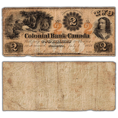 SOLD $2 1859 Colonial Bank of Canada Note #130-10-02-04 - Pinholes/Nicks