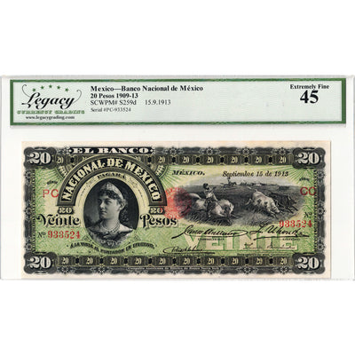 Mexico Banco Nacional 1913 20 Twenty Pesos Note P #S259d - Legacy EF-45