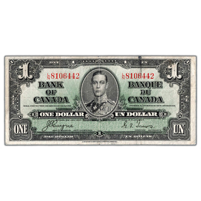 $1 1937 Bank of Canada Note Coyne-Towers L/N Prefix BC-21d - F/VF (tears)