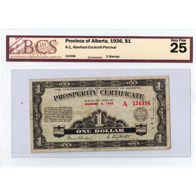 $1 1936 Province of Alberta Prosperity Certificate Note 2 Stamps A-1 - BCS VF-25