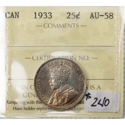 SOLD Canada 1933 25 Cents Quarter Silver Coin - ICCS AU-58