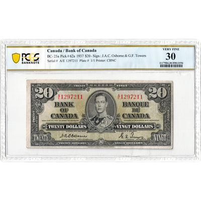 $20 1937 Bank of Canada Note Osborne Signature BC-25a - PCGS VF-30