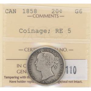 SOLD Canada 1858 Re-Engraved 5 20 Cents Silver Coin - ICCS G-6