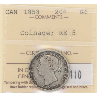 SOLD Canada 1858 Re-Engraved 5 20 Cents Silver Coin - ICCS G-6