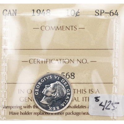 SOLD Canada 1948 10 Cents Dime Silver Coin - ICCS Specimen SP-64
