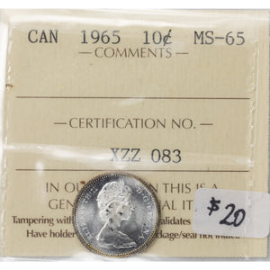 SOLD Canada 1965 10 Ten Cents Silver Coin - ICCS MS-65
