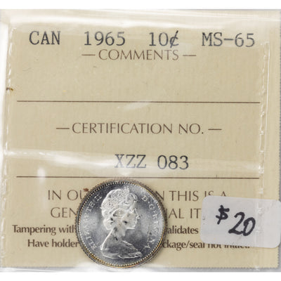 SOLD Canada 1965 10 Ten Cents Silver Coin - ICCS MS-65