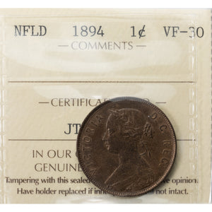 SOLD Newfoundland 1894 1 Cent Coin - ICCS VF-30