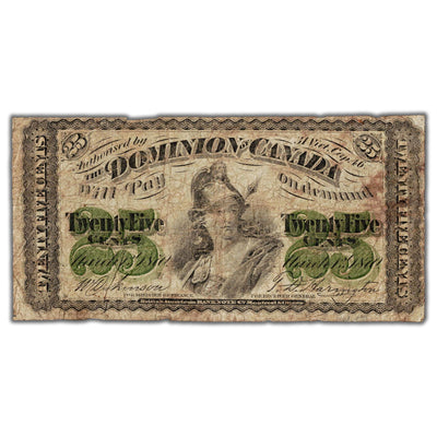 25 Cents 1870 Dominion of Canada Shinplaster Note Letter 'B' DC-1b - VG (pinholes)