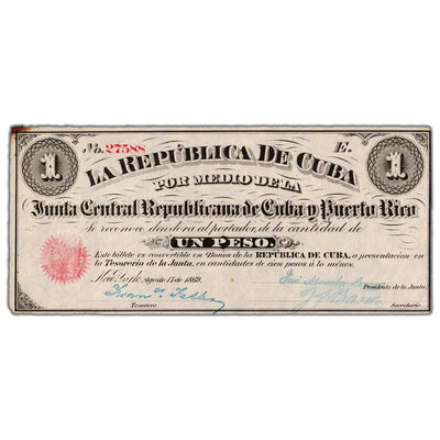 Cuba Junta Central Republicana de Cuba y Puerto Rico 1869 1 One Peso Note P #61 - AU/UNC