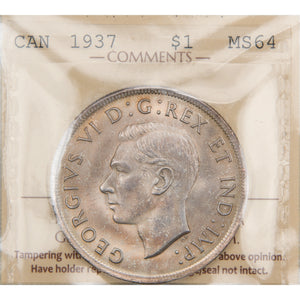 Canada 1937 $1 Silver Dollar Coin - ICCS MS-64