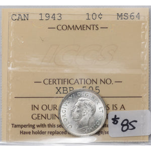 SOLD Canada 1943 10 Ten Cents Silver Coin - ICCS MS-64