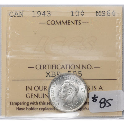SOLD Canada 1943 10 Ten Cents Silver Coin - ICCS MS-64