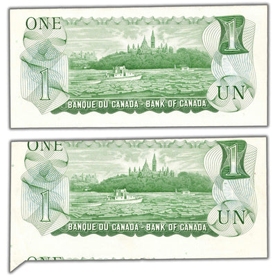 SOLD $1 1973 Bank of Canada Notes Cutting and Folding Error With Sequential Note