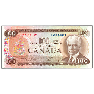 $100 1975 Bank of Canada Note Lawson-Bouey JA Prefix BC-52a - AU+