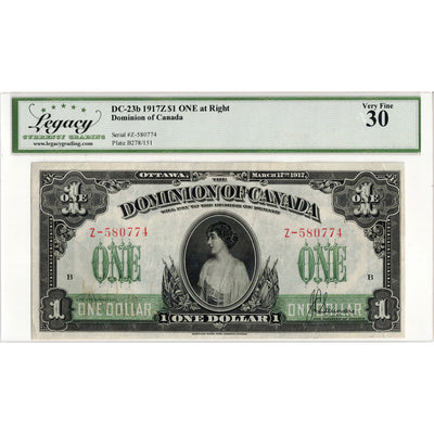 $1 1917 Dominion of Canada Note No Seal ONE at Right Series Z DC-23b - Legacy VF-30