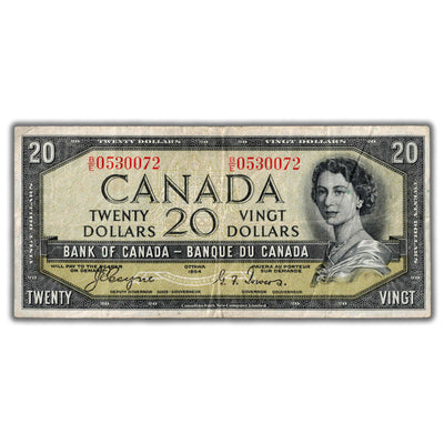 $20 1954 Bank of Canada Note Devil Face B/E Changeover Prefix BC-33a - Fine+