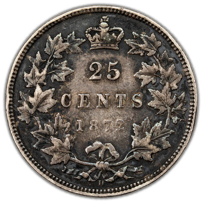 Canada 1872-H 7/7 25 Cents Quarter Silver Coin - VF-20