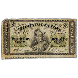 SOLD 25 Cents 1870 Dominion of Canada Note Shinplaster Note DC-1c - Bottom Note Attached