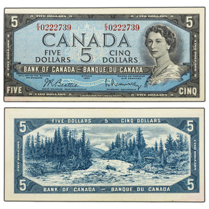 SOLD $5 1954 Bank of Canada Note Beattie-Rasminsky E/X Prefix BC-39b - Offcut, Stain