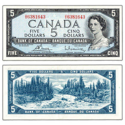 $5 1954 Bank of Canada Note Bouey-Rasminsky U/X Prefix BC-39c - AU