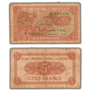 SOLD Rwanda-Burundi 1961 5 Five Francs Note P #1a