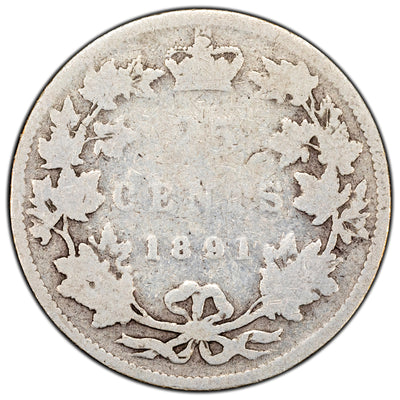 Canada 1891 25 Cents Quarter Silver Coin - aG