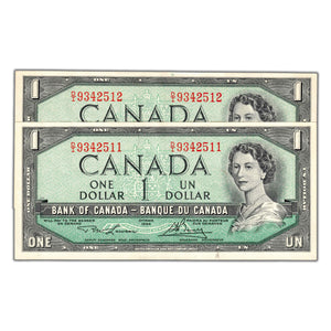 SOLD $1 1954 Bank of Canada Notes D/I Prefix BC-37d - 2 Consecutive