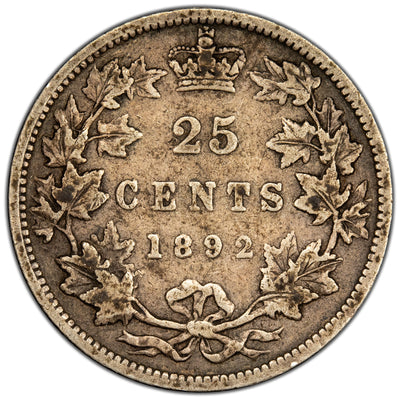 Canada 1892 25 Cents Quarter Silver Coin - VG / F