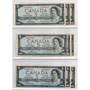 SOLD Lof of 9 $5 1954 Bank of Canada Notes - All Circulated Grades