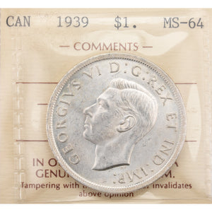 SOLD Canada 1939 $1 Silver Dollar Coin - ICCS MS-64