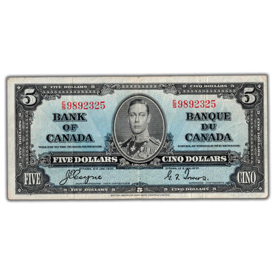 $5 1937 Bank of Canada Note Coyne-Towers E/S Prefix BC-23c - VF