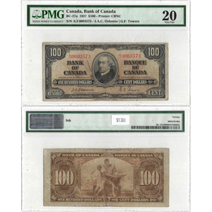 SOLD $100 1937 Bank of Canada Note Osborne Signature BC-27a - PMG VF-20