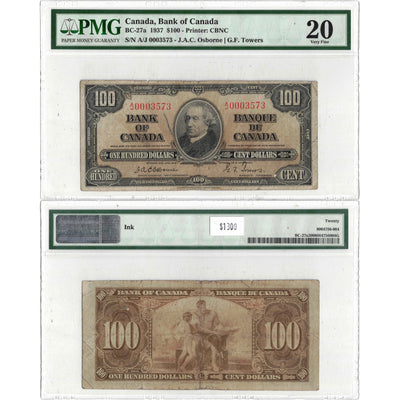 SOLD $100 1937 Bank of Canada Note Osborne Signature BC-27a - PMG VF-20
