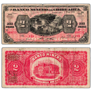 Mexico El Banco Minero De Chihuahua 1914 2 Two Pesos Note P #S184 - Circulated