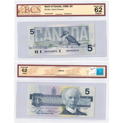 $5 1986 Bank of Canada Note Bonin-Thiessen ANH Prefix BC-56c-i - BCS UNC-62