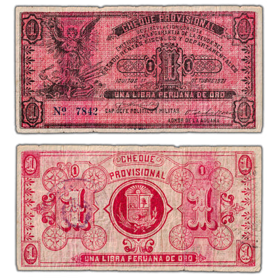 Peru Cheque Provisional 1921 1 One Libra Note P #S606a - Circulated (tear)