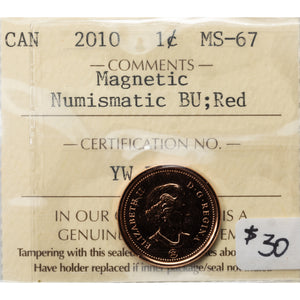 SOLD Canada 2010 Magnetic 1 Small Cent Coin - ICCS MS-67 Red Numismatic BU